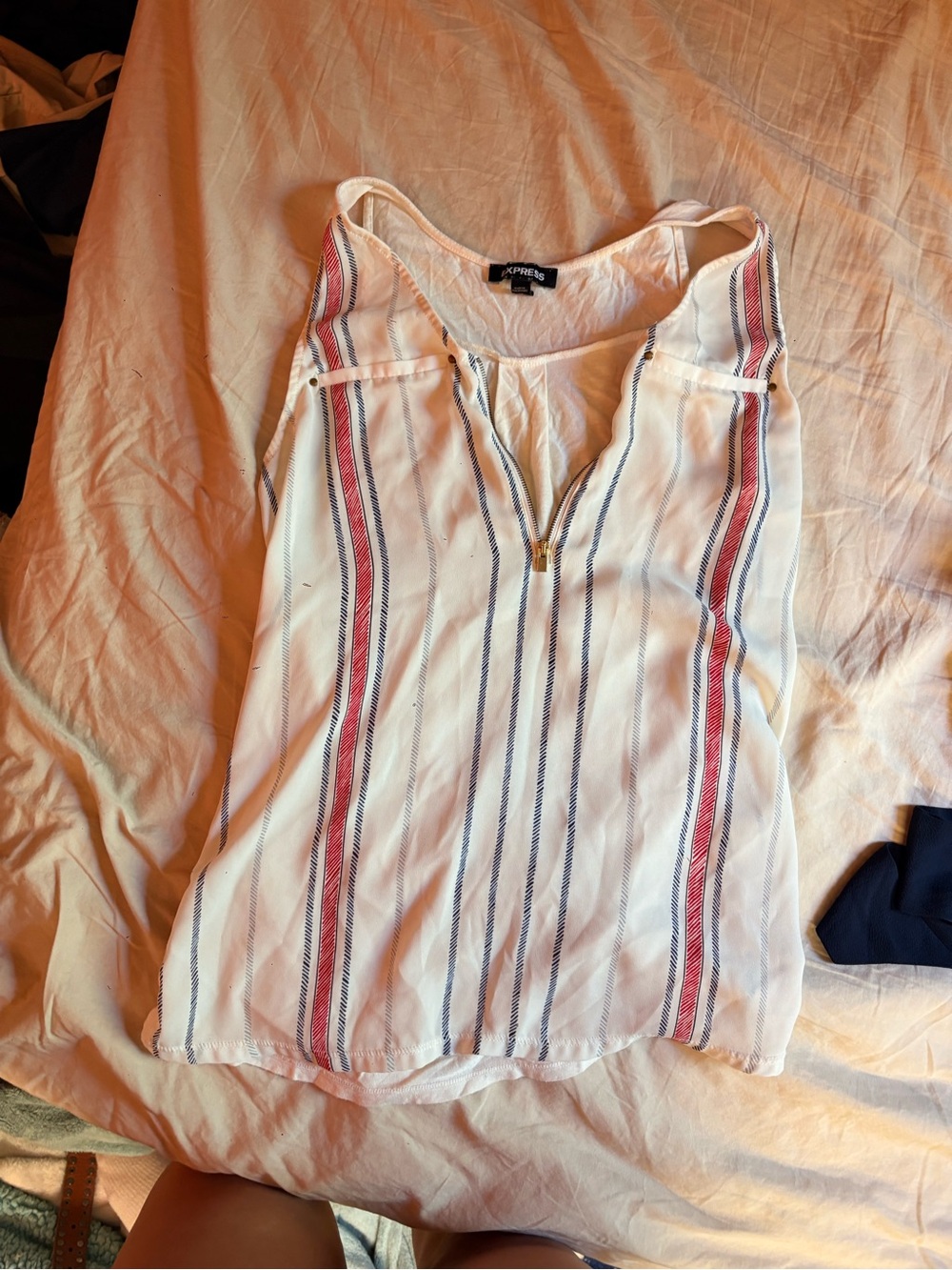 Express White Striped Zip-Front Camisole with Red & Blue Accents